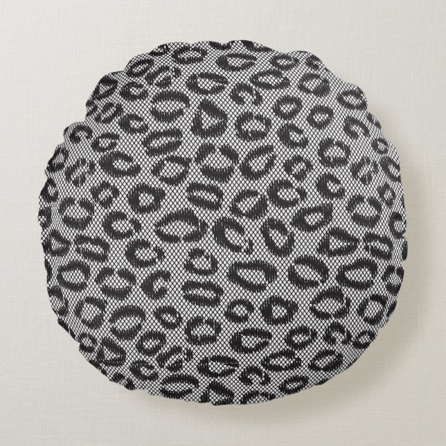 Black net lace with leopard pattern on white round pillow (Front)