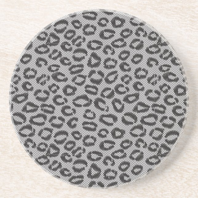 Black net lace with leopard pattern on white sandstone coaster (Front)