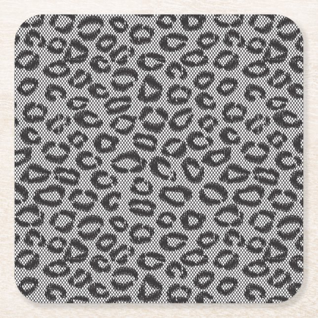 Black net lace with leopard pattern on white square paper coaster (Front)