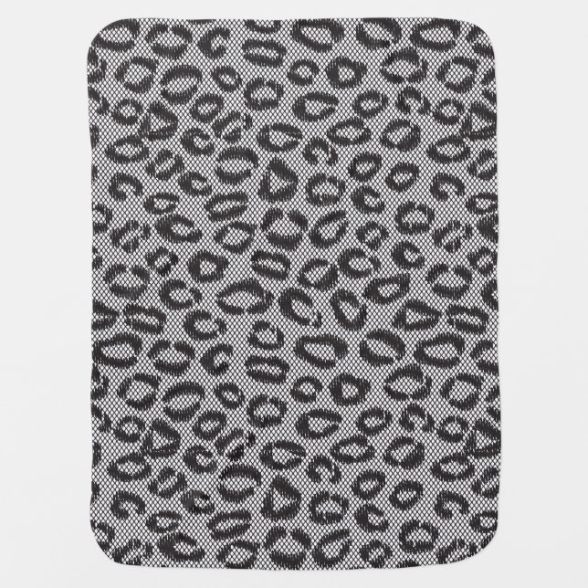 Black net lace with leopard pattern on white swaddle blanket (Front)