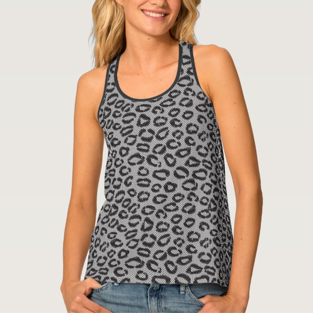 Black net lace with leopard pattern on white tank top (Front)