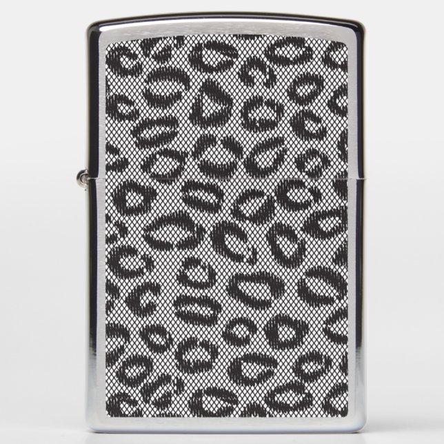 Black net lace with leopard pattern on white zippo lighter (Front)