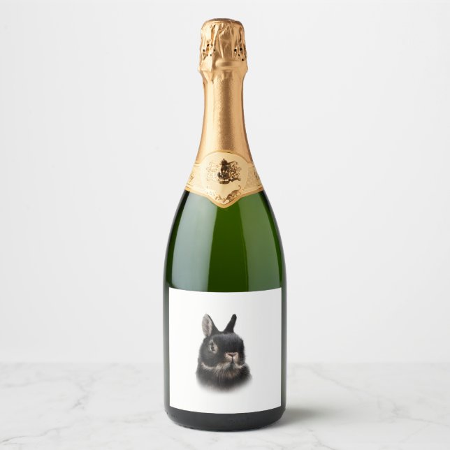 Black Netherland Dwarf Rabbit Bust Women's Unisex  Sparkling Wine Label (Front)