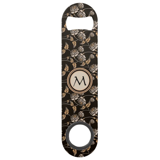 Black & Neutral Floral - Custom Monogram & Pattern Bar Key (Front)