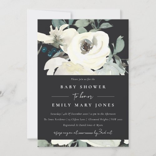 BLACK NEUTRAL IVORY WHITE FLORAL BUNCH BABY SHOWER INVITATION