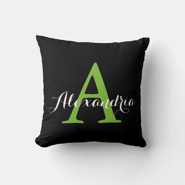 Black Neutral Solid Color Bright Green Monogram Throw Pillow (Front)