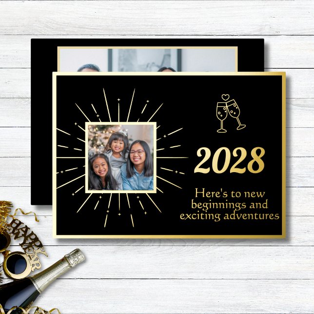 Black New Beginnings New Years Photo Foil Holiday Card (Creator Uploaded)