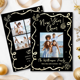 Black New Year Cheer 5 Photo Hand Drawn Real Gold Foil Holiday Card