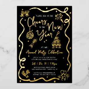 Black New Year Cheer Hand Drawn Party Real Gold Foil Invitation