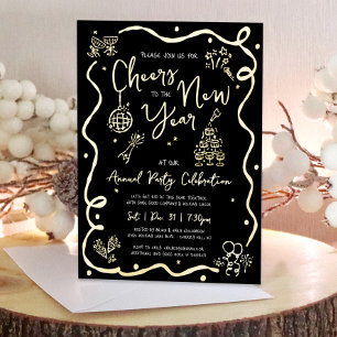 Black New Year Cheer Hand Drawn Party Real Gold Foil Invitation