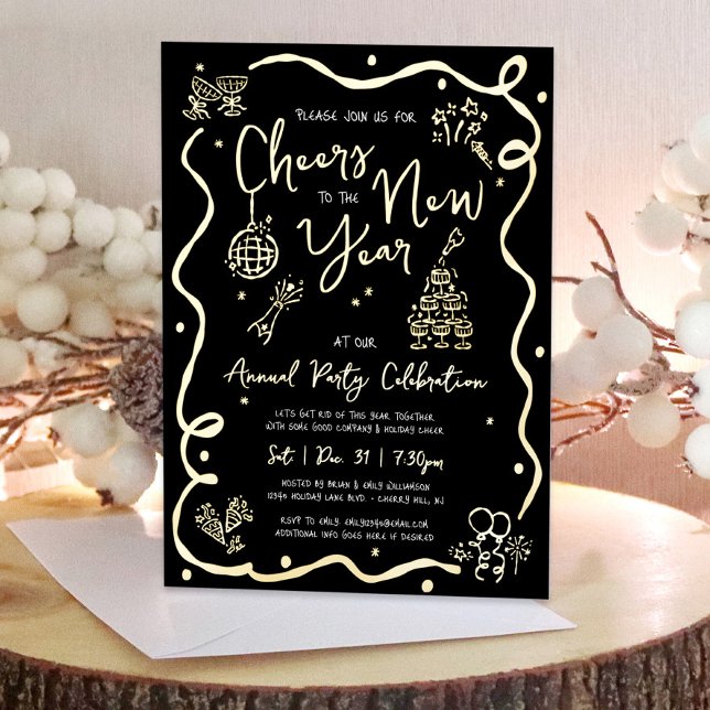 Black New Year Cheer Hand Drawn Party Real Gold Foil Invitation (Creator Uploaded)