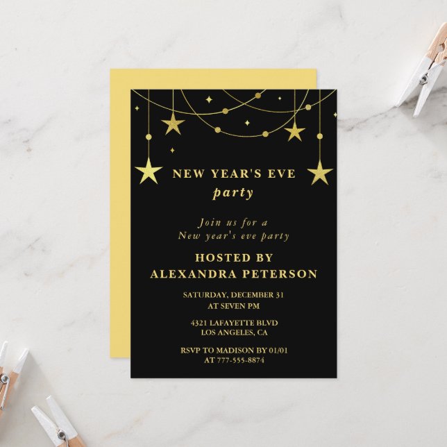 Black New year's eve invitation Party Gold Stars (Front/Back In Situ)