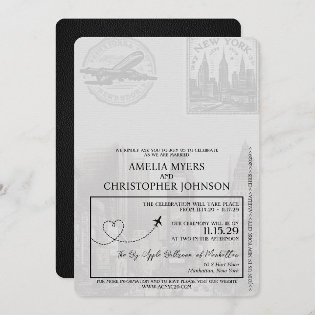 Black New York City Passport Wedding Invitation (Front/Back)