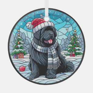 Black Newf with Santa Hat Stained Glass Style Ornament