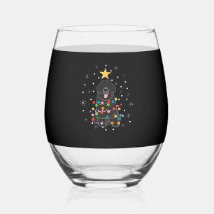 Black Newfie Newfoundland Dog Christmas Tree Class Stemless Wine Glass