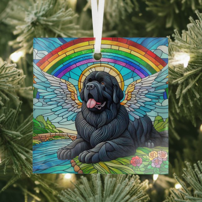 Black Newfoundland Angel under Rainbow Suncatcher  Glass Ornament (Insitu)