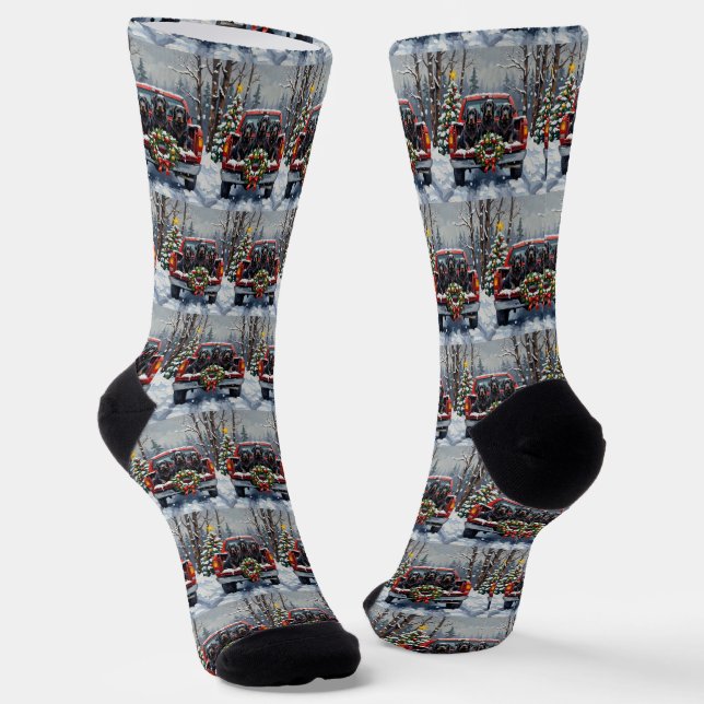 Black Newfoundland Christmas Red Truck Holiday Socks (Angled)