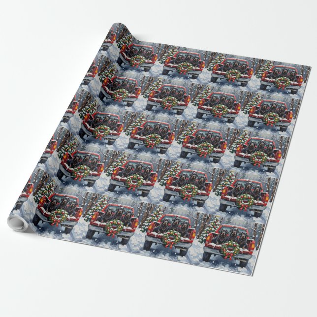 Black Newfoundland Christmas Red Truck Holiday Wrapping Paper (Unrolled)