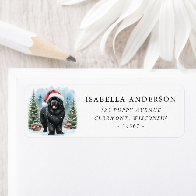 Black Newfoundland Dog Winter Watercolor Address Label (Insitu)