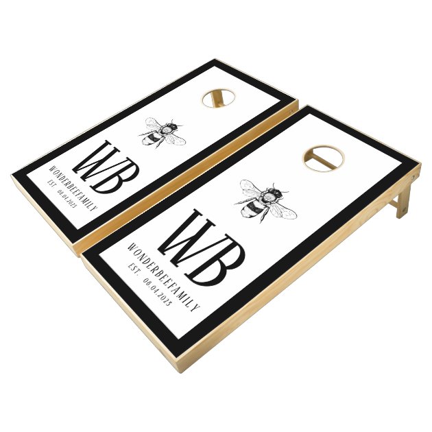 Black Newly Wed Monogram Honeycomb Bee Cornhole Set