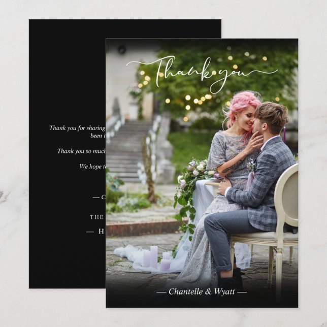 Black Newlyweds Photo Simple Calligraphy Script Thank You Card (Front/Back)