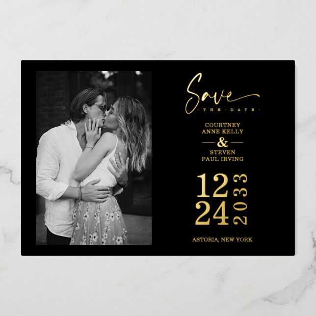 Black Nice Trend Romantic Wedding Couple Photo Foil Invitation (Front)