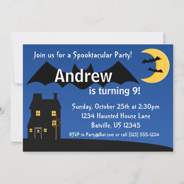 Black Night Bat and Moon Halloween Party Invite (Front)