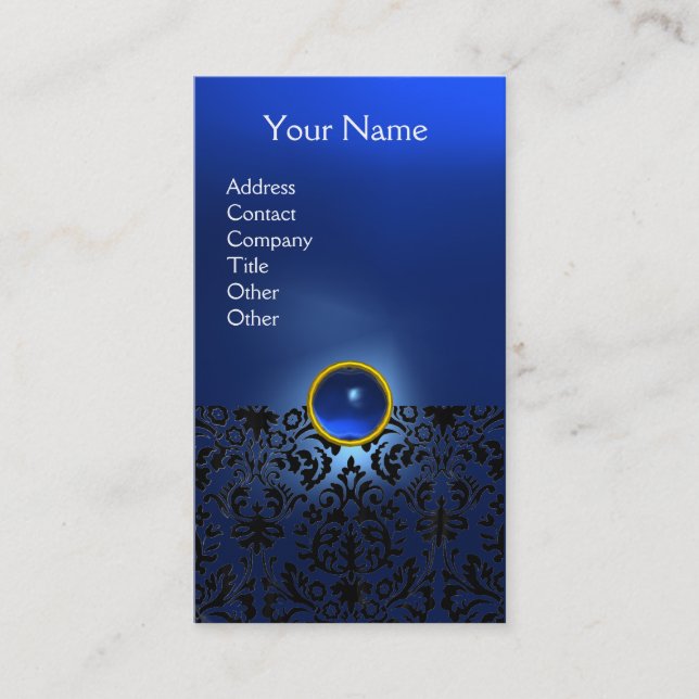 BLACK NIGHT BLUE DAMASK GEMSTONE MONOGRAM BUSINESS CARD (Front)