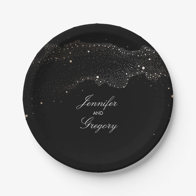 Black Night Gold Stars Elegant Romantic Wedding Paper Plates (Front)