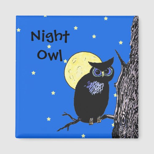 Black Night Owl Blue eyes in Tree Moon Stars Magnet