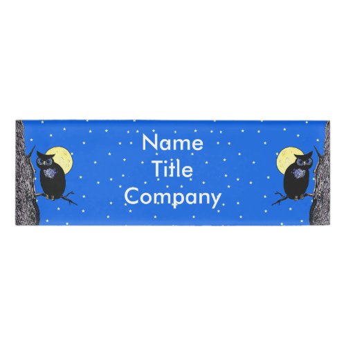 Black Night Owl Illustration Yellow Moon Stars Name Tag