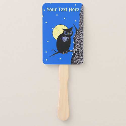 Black Night Owl in Tree Yellow Moon Stars Hand Fan