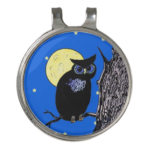 Black Night Owl on Branch Moon Stars Blue Sky Golf Hat Clip