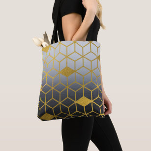 Black Night Sea Gradient Gold Geometric Cubes Tote Bag