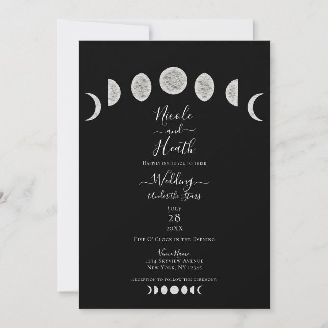 Black Night Sky Moon Phases Evening Wedding  Invitation (Front)
