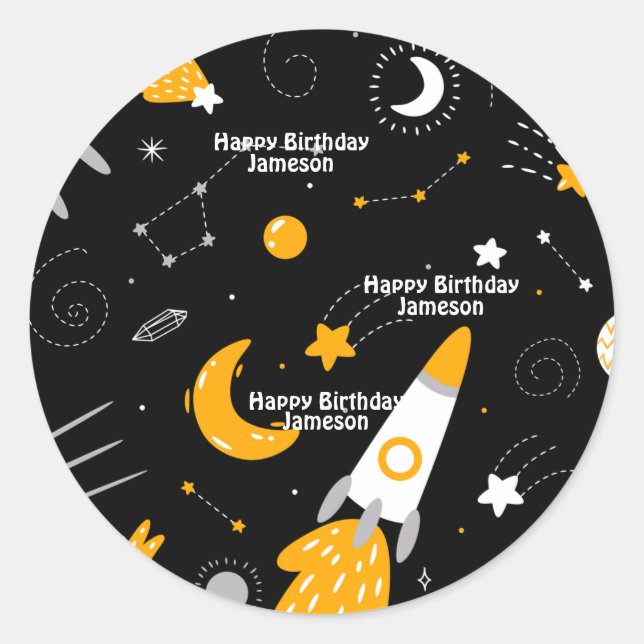 Black Night Sky Outer Space Rocket Birthday Classic Round Sticker (Front)
