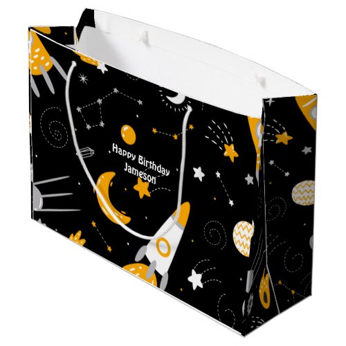 Black Night Sky Outer Space Rocket Birthday Large Gift Bag