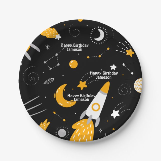 Black Night Sky Outer Space Rocket Birthday Paper Plates (Front)