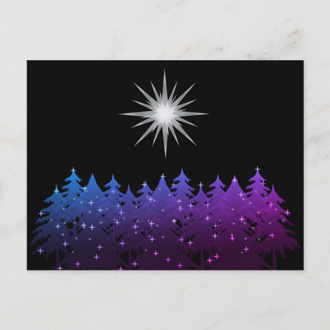 Black Night Sky White Star Trees Modern Christmas Holiday Postcard (Front)