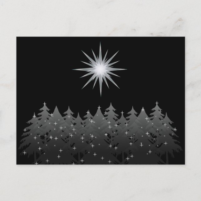 Black Night Sky White Star Trees Modern Christmas Holiday Postcard (Front)