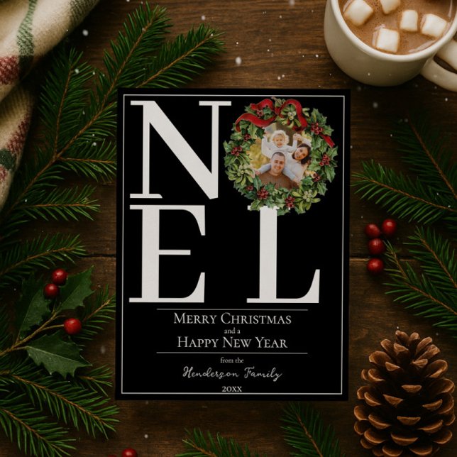 Black Noel Christmas Wreath Photo Holiday Card (Black Noel Christmas Wreath Photo Holiday Card)