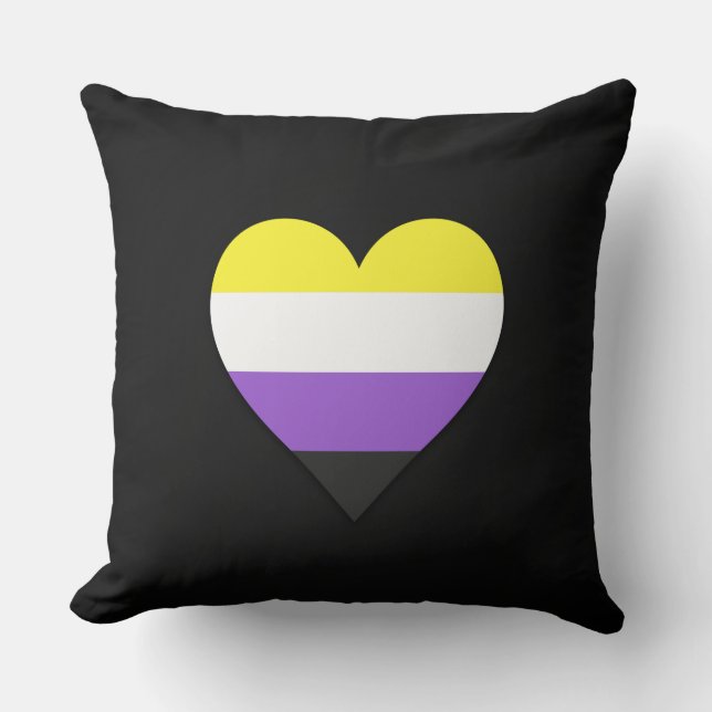 Black non-binary pride heart design throw pillow (Front)