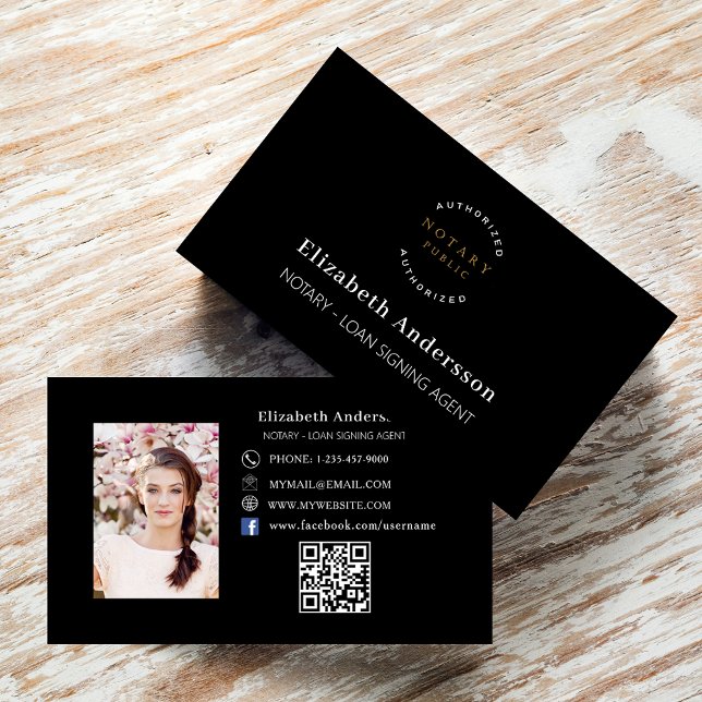 Black notary loan signing agent photo QR code Business Card (Creator Uploaded)