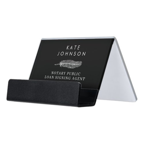 Black Notary Signing Agent Feather Quill Logo Desk Business Card Holder