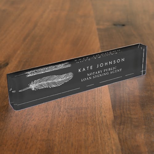 Black Notary Signing Agent Feather Quill Logo Desk Name Plate
