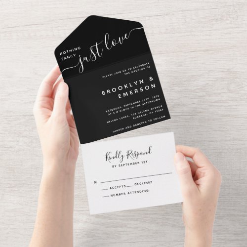 Black Nothing Fancy Just Love Wedding All In One Invitation