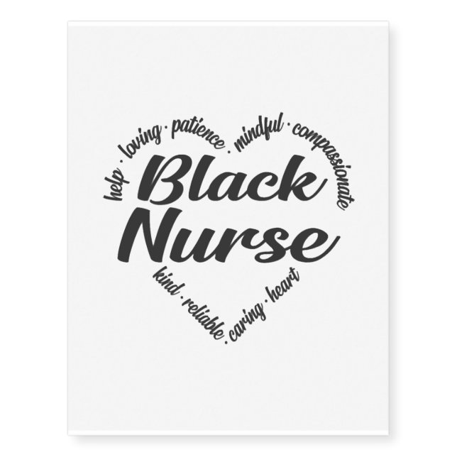 Black Nurse Heart Word Cloud Temporary Tattoos (Front)