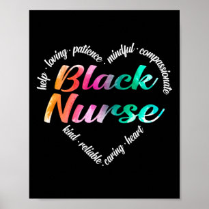 Black Nurse Heart Word Cloud Watercolor Rainbow Poster