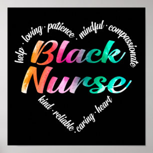 Black Nurse Heart Word Cloud Watercolor Rainbow Poster