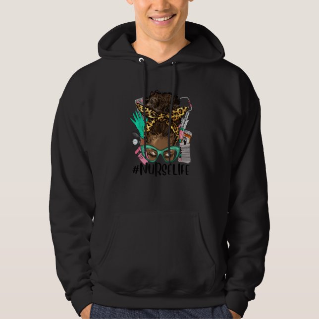 Black Nurse Life Afro Hair Messy Bun Leopard CNA N Hoodie (Front)